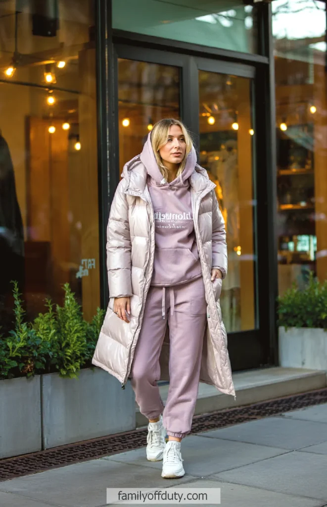 Woman in stylish pink winter coat and casual outfit walking past a modern storefront.