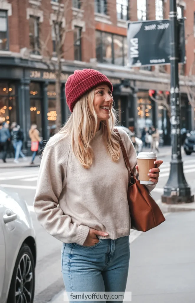 Woman in a red beanie, holding coffee, smiling while walking in the city street with a handbag.