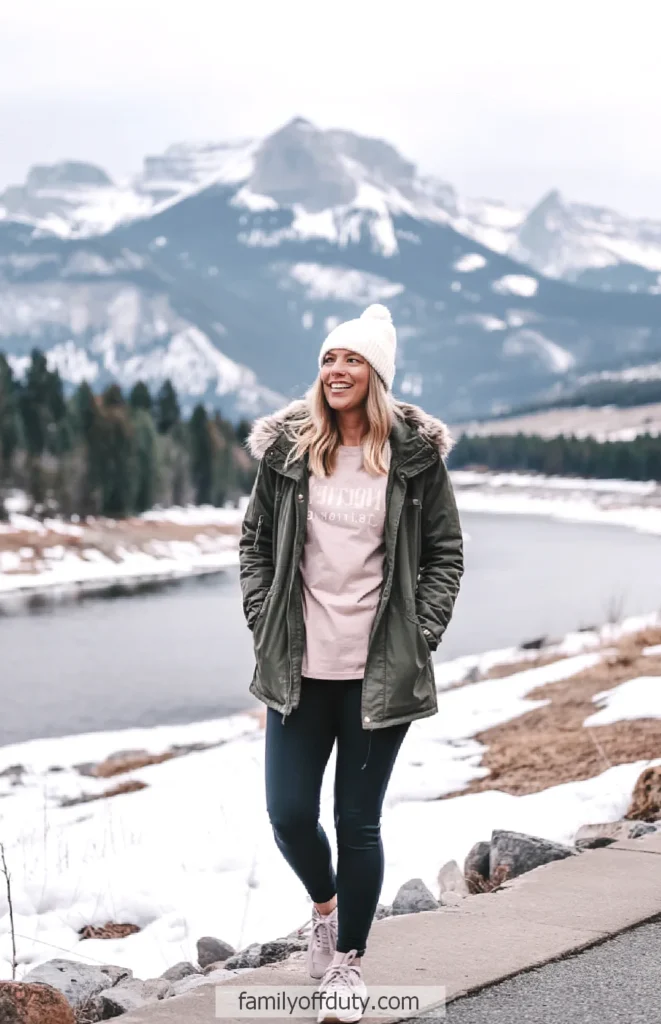 Smiling woman in winter attire walks near snowy mountains and river.