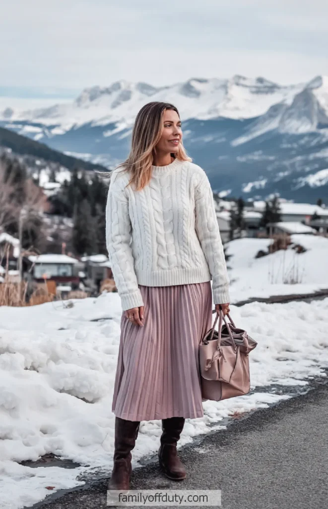 Woman in winter fashion, white knit sweater and pink skirt, with snowy mountain backdrop.