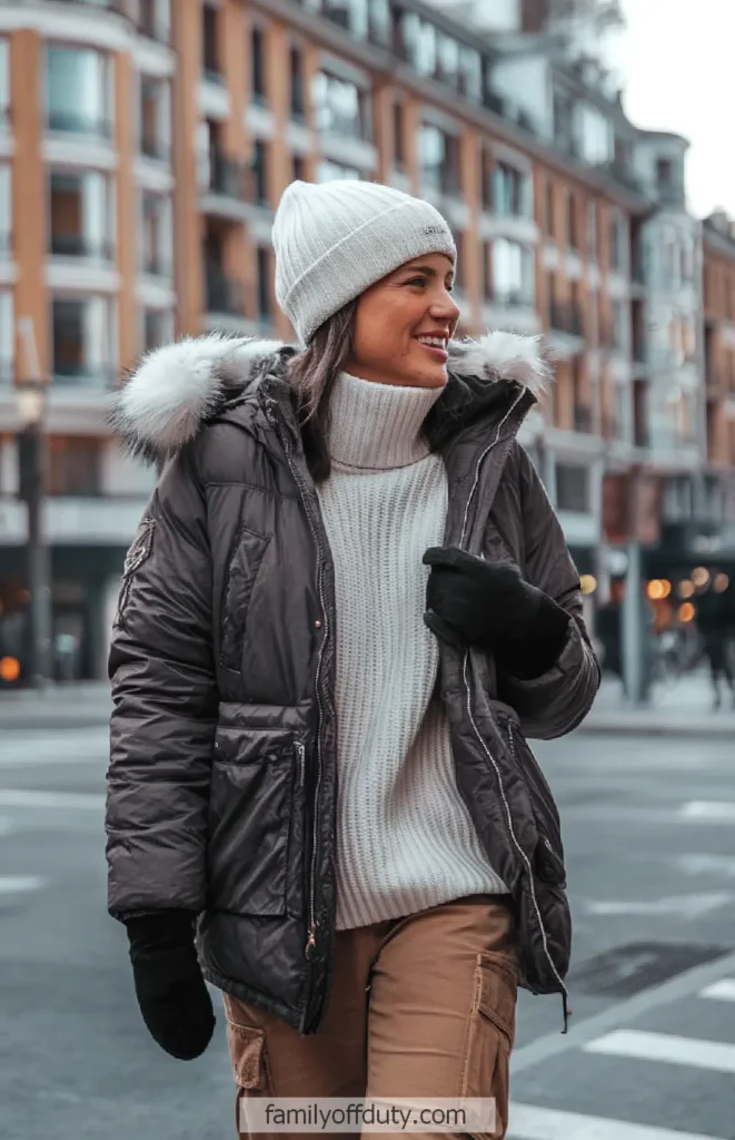 Woman in cozy winter clothing crosses city street, smiling.