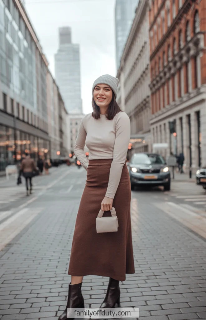 Smiling woman in winter outfit with beanie on urban street, holding a small handbag.