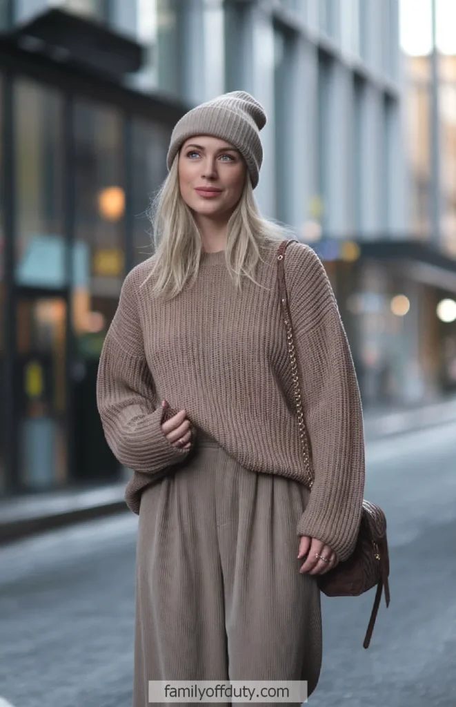 Woman in cozy winter outfit with a brown sweater, hat, and purse, strolling through the city street.