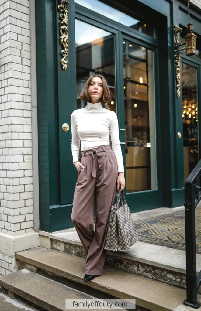 Woman in stylish outfit with high-waisted pants and white top, holding a patterned bag in front of a chic storefront.