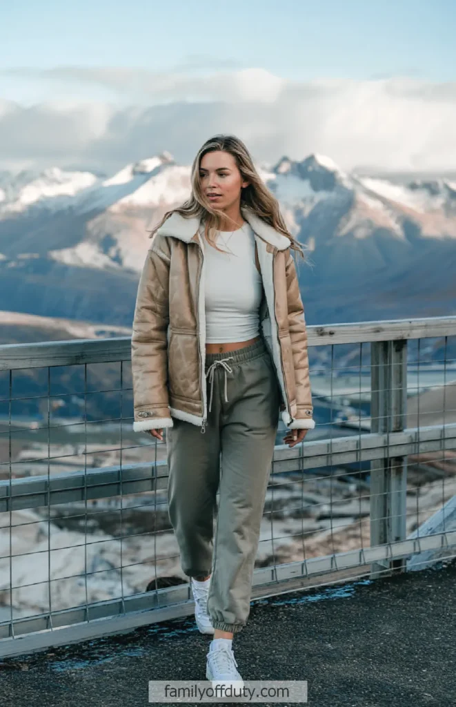 Woman in winter coat and joggers enjoying a mountain view.