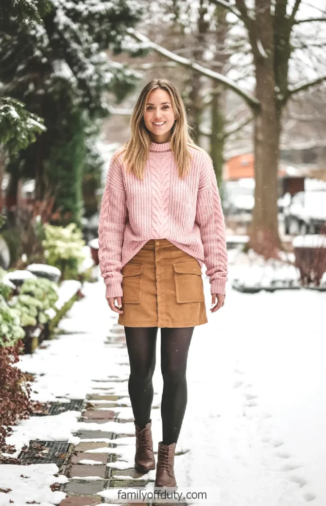 Woman in a cozy pink sweater and brown skirt walking on a snowy path.