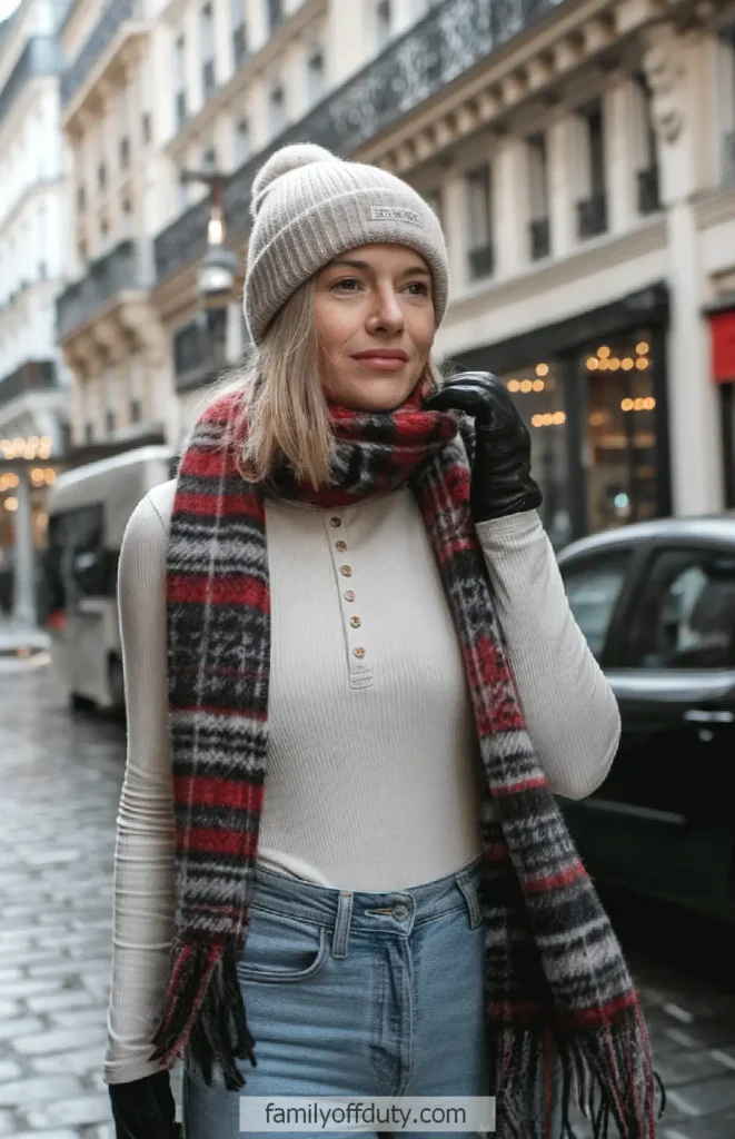 Woman in winter clothing, wearing a beanie and plaid scarf, walking on a city street with classic architecture.