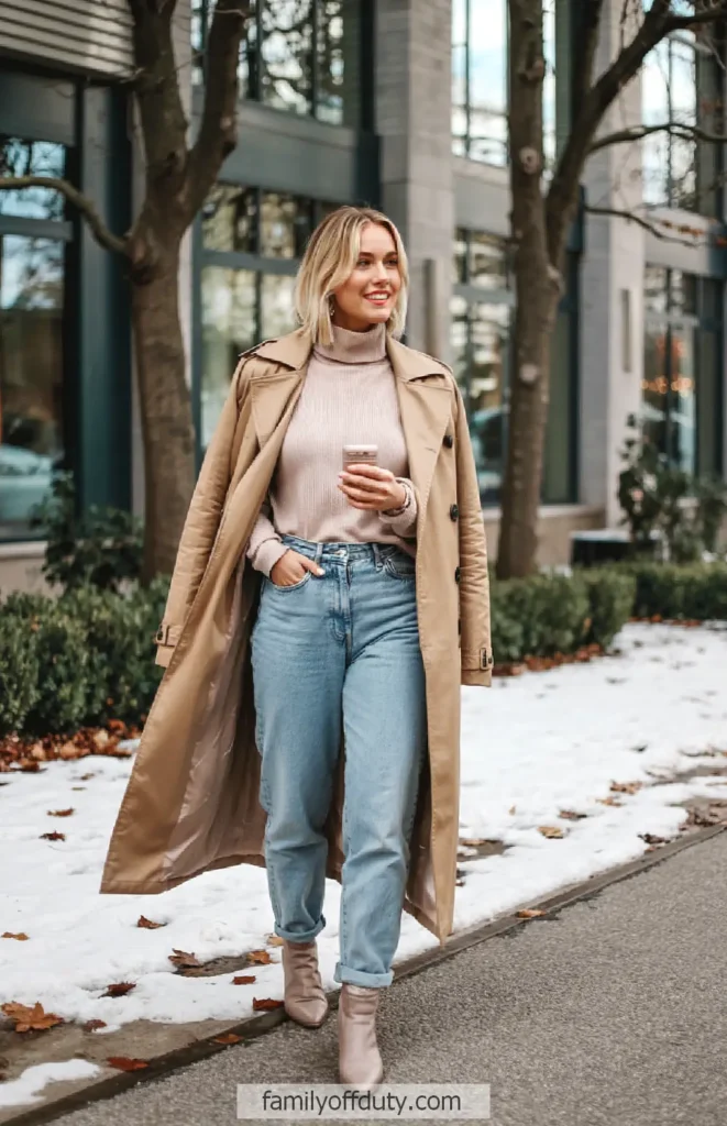 Woman in stylish trench coat and jeans walking, holding coffee, snowy urban street background.