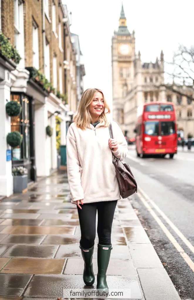 Smiling woman in cozy sweater walks in London with iconic Big Ben and red bus in the background.