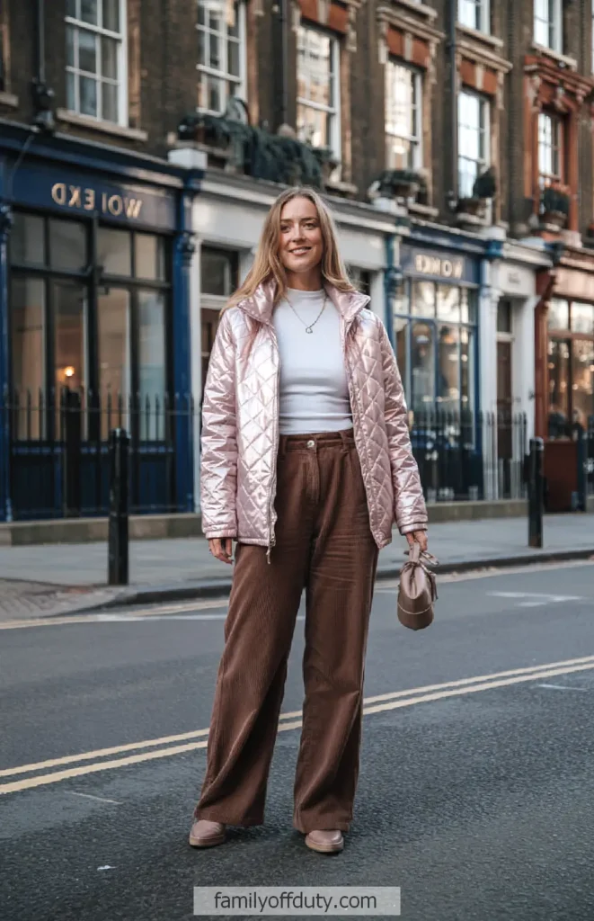 Woman in pink jacket and brown pants standing on city street, smiling.