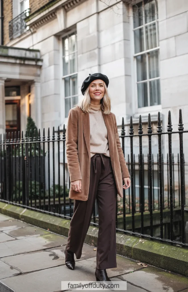 Stylish woman in a beret walking in the city wearing a brown coat and pants, with elegant buildings in the background.