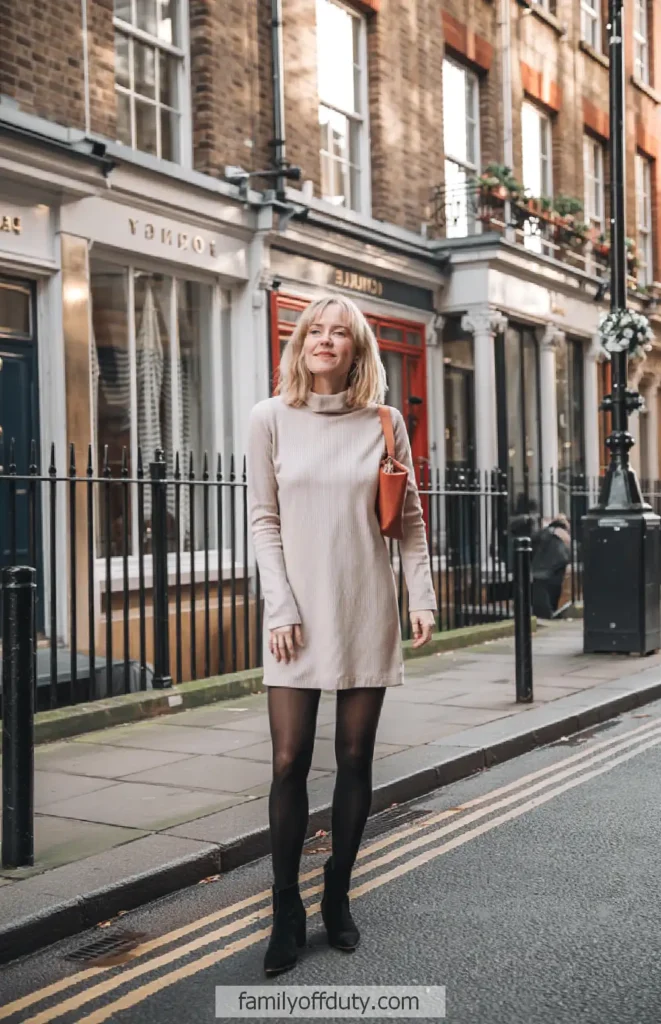 Woman in beige dress and black tights walking on stylish urban street.