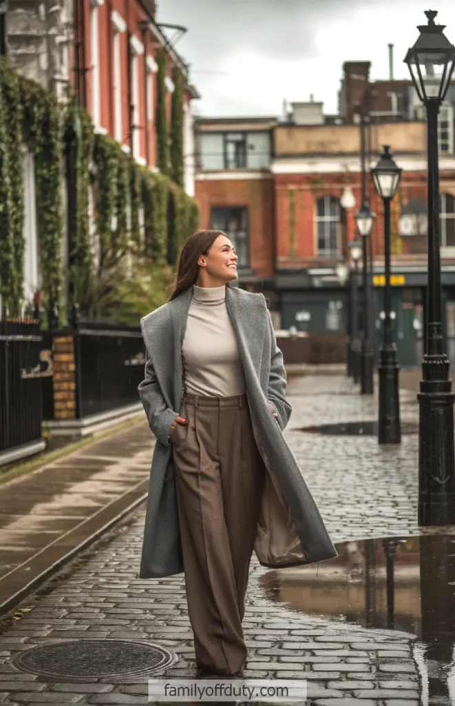 Woman in stylish gray coat and trousers walking on a city street, smiling on a rainy day.