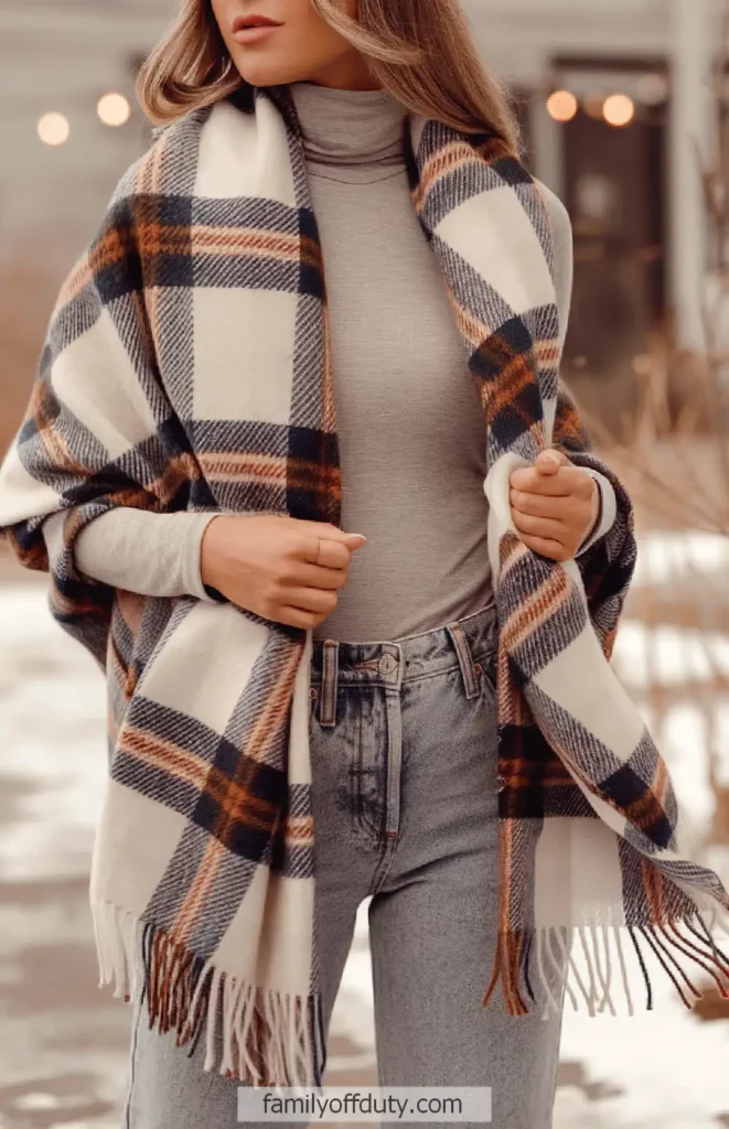 Woman in a plaid shawl and jeans, styled for autumn fashion.