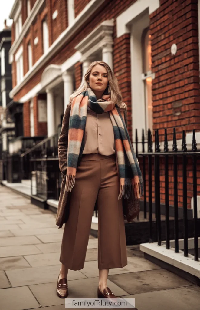 Stylish woman in a brown outfit and scarf walking on a city street lined with red brick buildings.