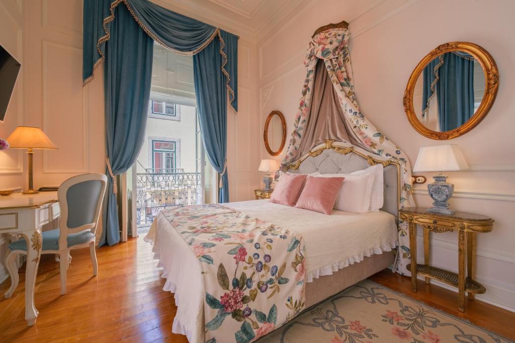 Elegant, vintage bedroom with canopy bed, floral decor, blue curtains, and ornate mirrors, blending luxury and charm.