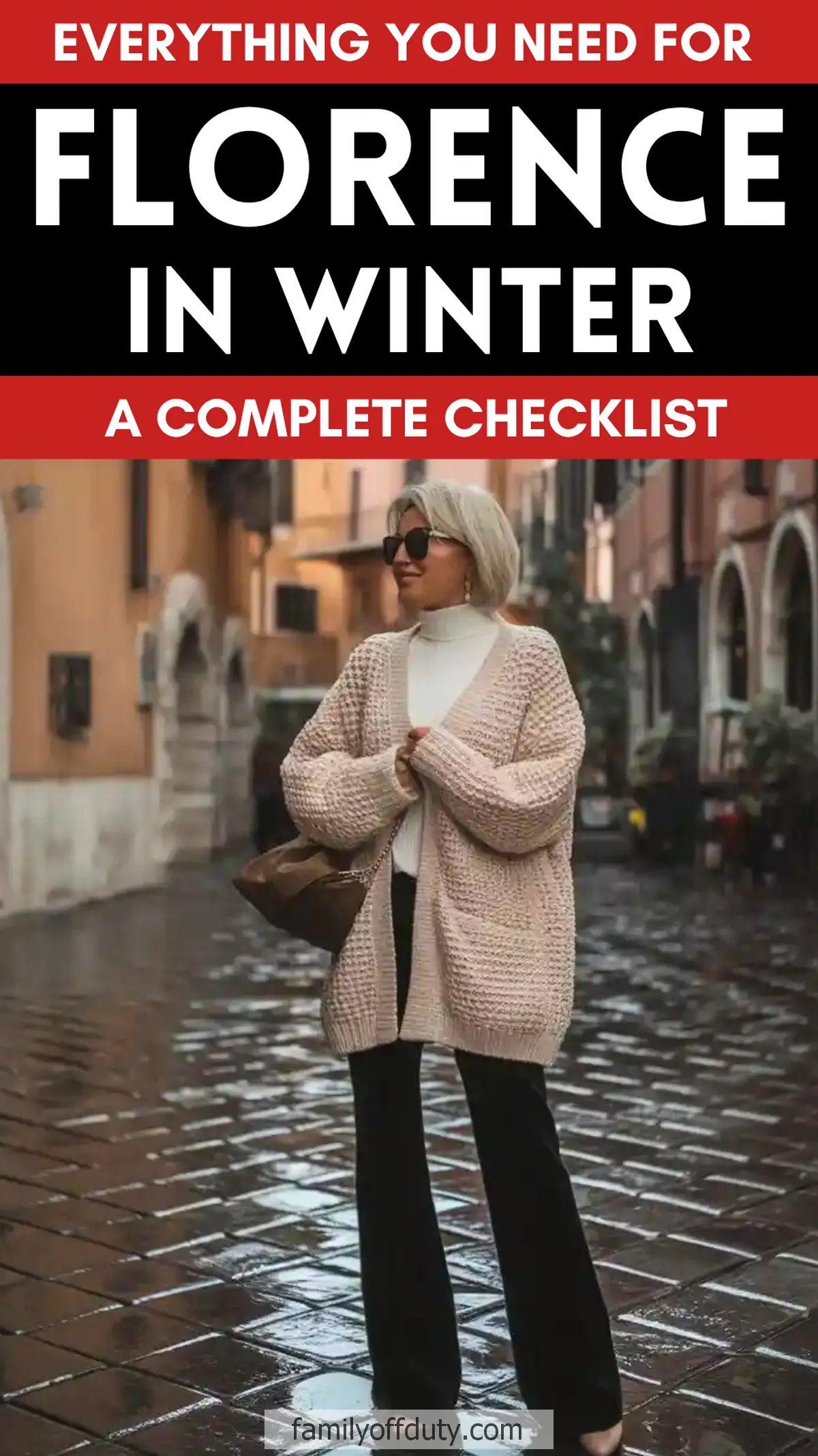 Woman in Florence winter outfit, cozy cardigan and sunglasses, standing on a rainy street.