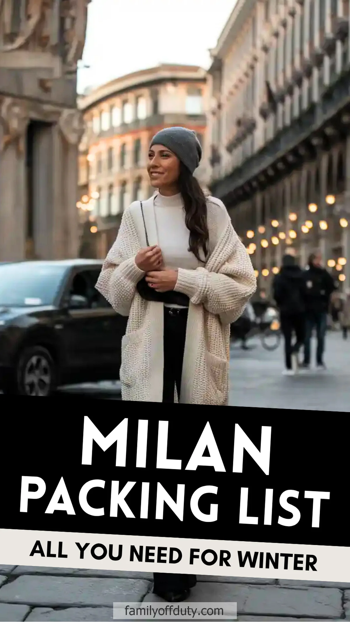 Woman in cozy winter wear on a Milan street, highlighting a Milan winter packing guide.