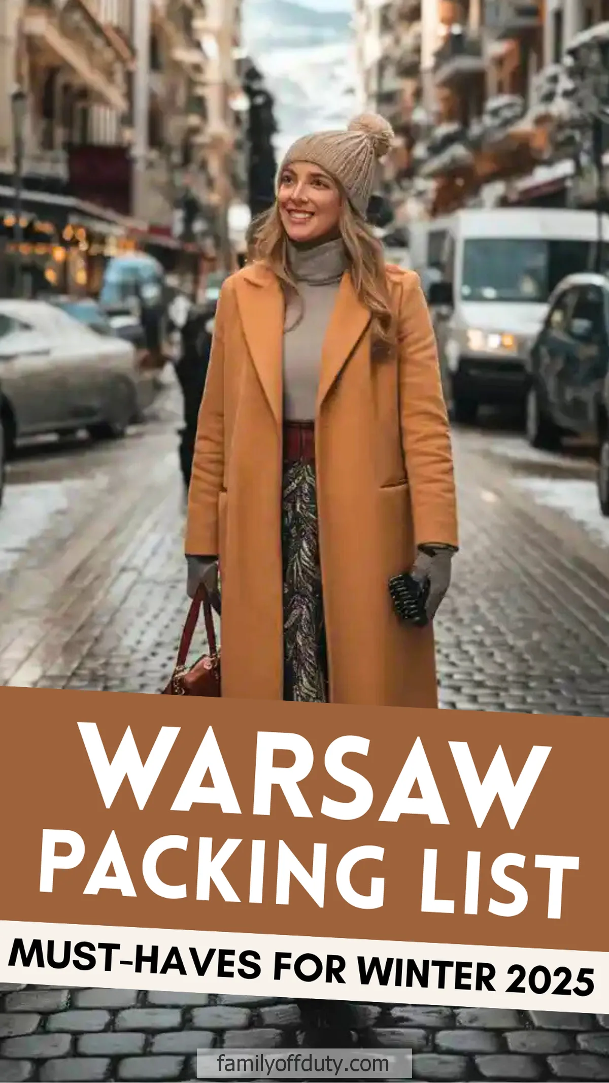 Woman in a cozy winter outfit walking in Warsaw; packing list must-haves for winter 2025 on the street background.
