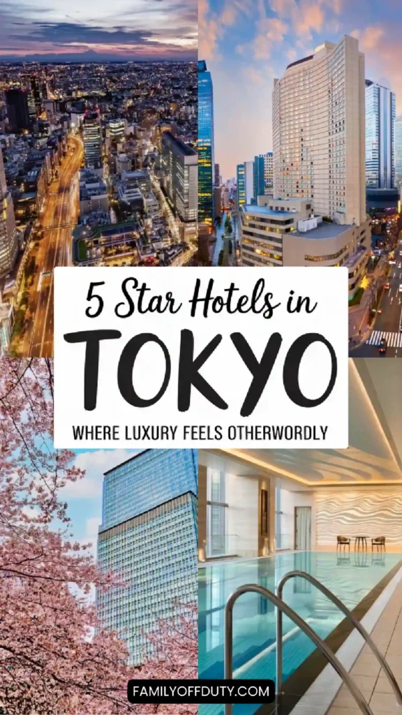 Alt text: Collage of Tokyo's luxury 5-star hotels with cityscapes, cherry blossoms, and a serene pool scene.