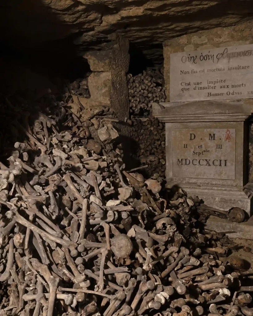 Ancient bones in a dimly lit underground crypt with an inscribed stone plaque.