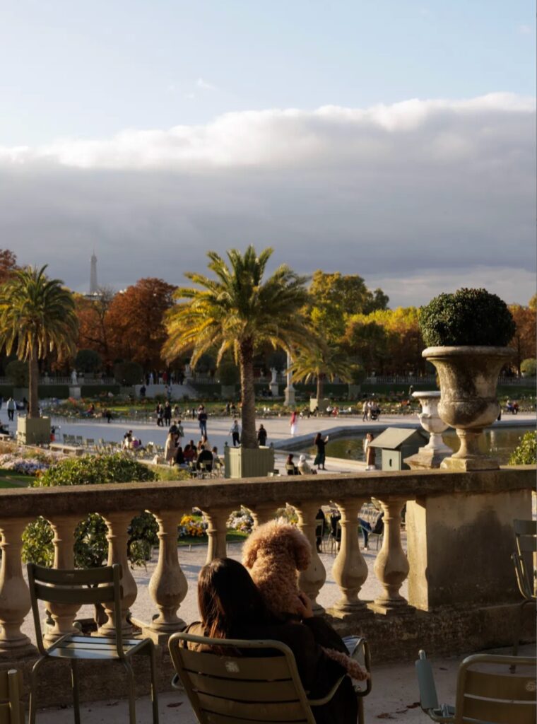 Person with dog relaxing in Luxembourg Gardens, Paris, with Eiffel Tower in the background.