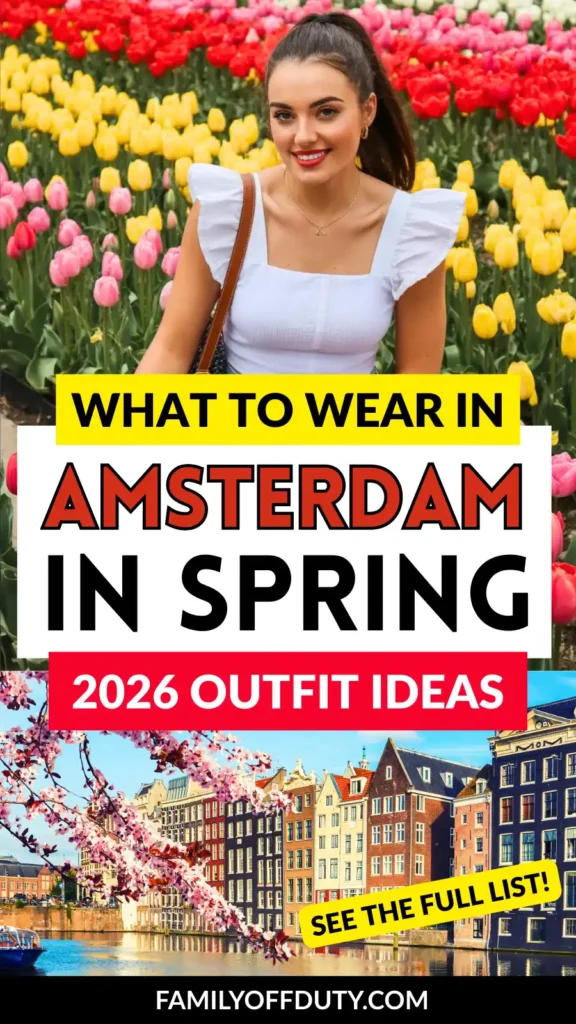 Young woman in a white top smiling among colorful tulips, promoting spring outfits for Amsterdam 2026.