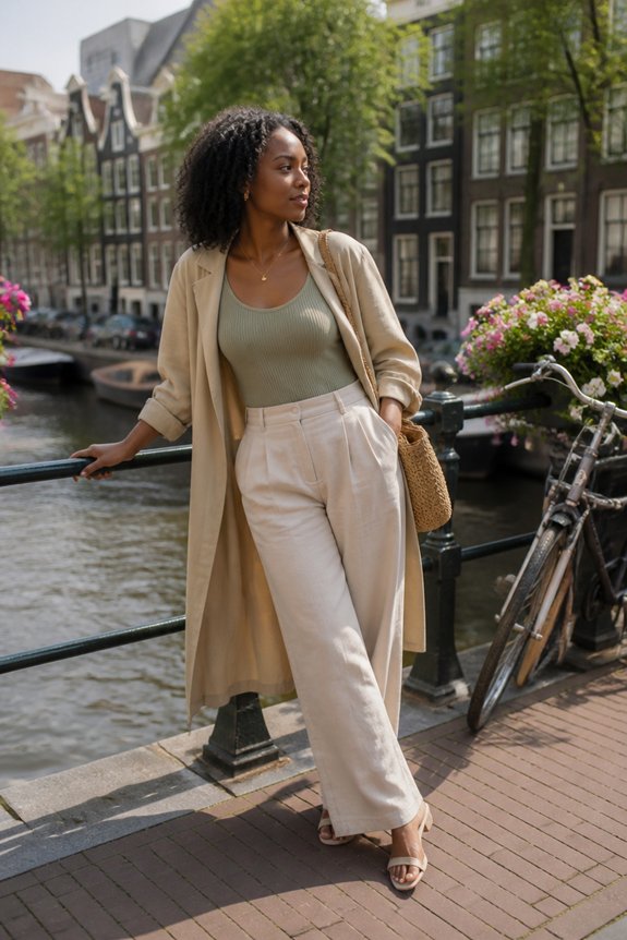 Stylish woman in a beige trench coat and olive top stands by a canal railing in Amsterdam.