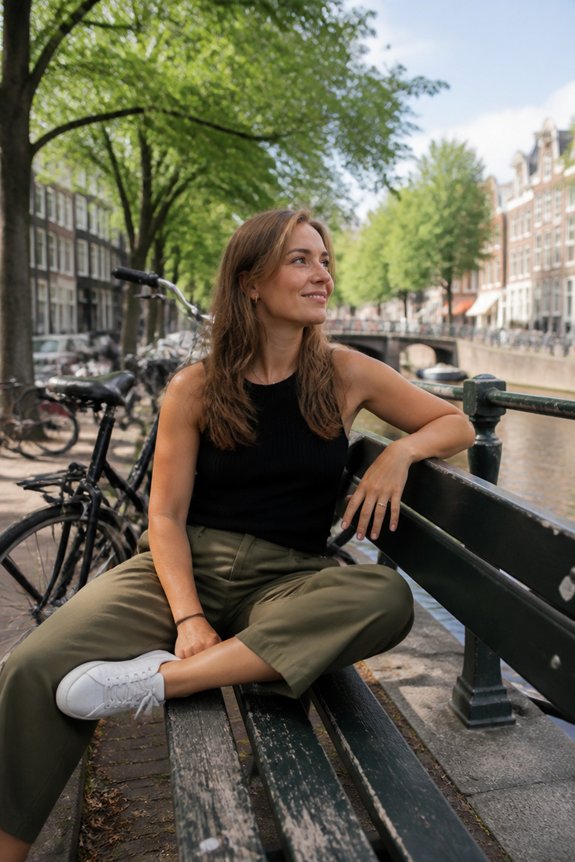 Woman in black sleeveless top and olive pants sits on a park bench by a canal, with bikes and tree-lined urban waterfront.