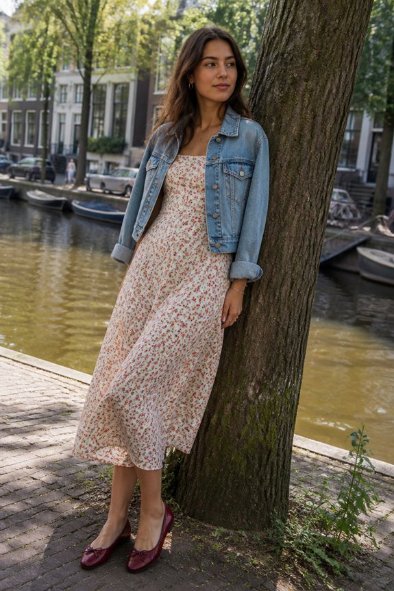 Woman in a floral midi dress with a denim jacket leaning against a tree beside an urban canal.
