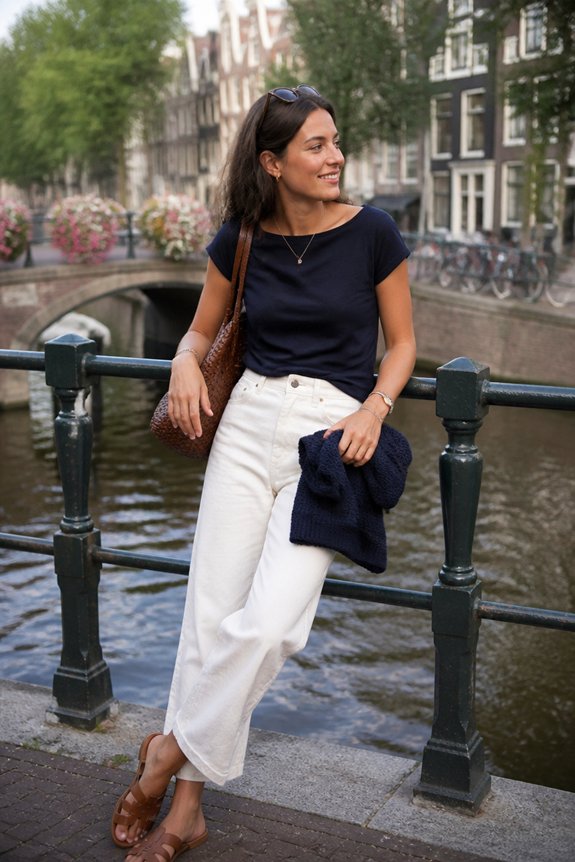 Stylish woman by Amsterdam canal railing wearing a navy top and white wide-leg pants, holding a navy sweater and brown bag.