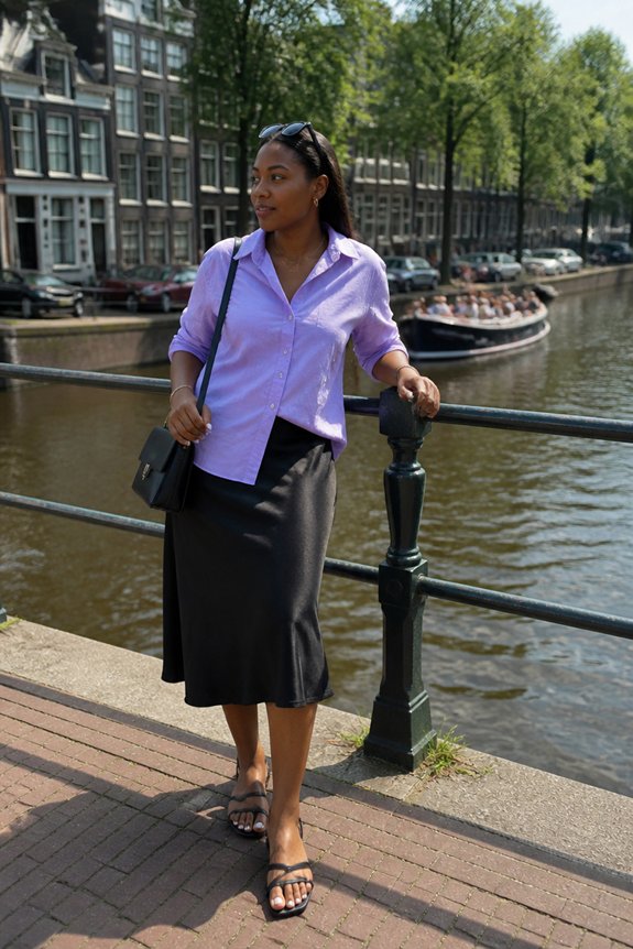 Woman in lavender blouse and black skirt standing by a canal railing with boats in the background.