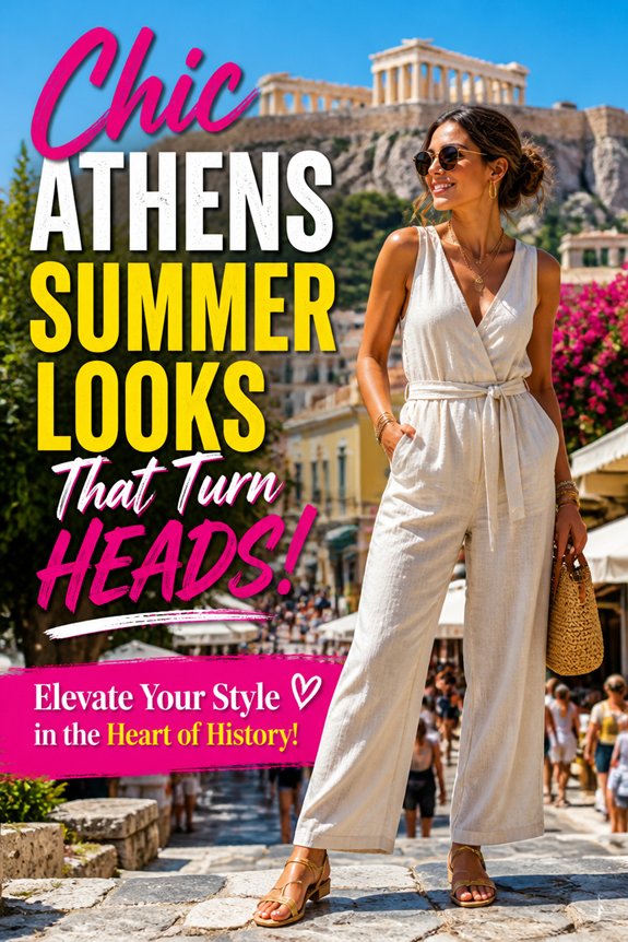 Chic Athens summer fashion: woman in white jumpsuit posing beside the Acropolis ruins.