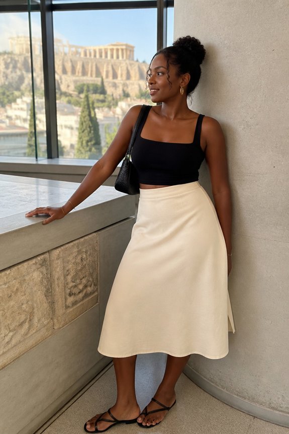 Woman in a black crop top and beige midi skirt leans on a balcony railing with the Acropolis of Athens in the background.