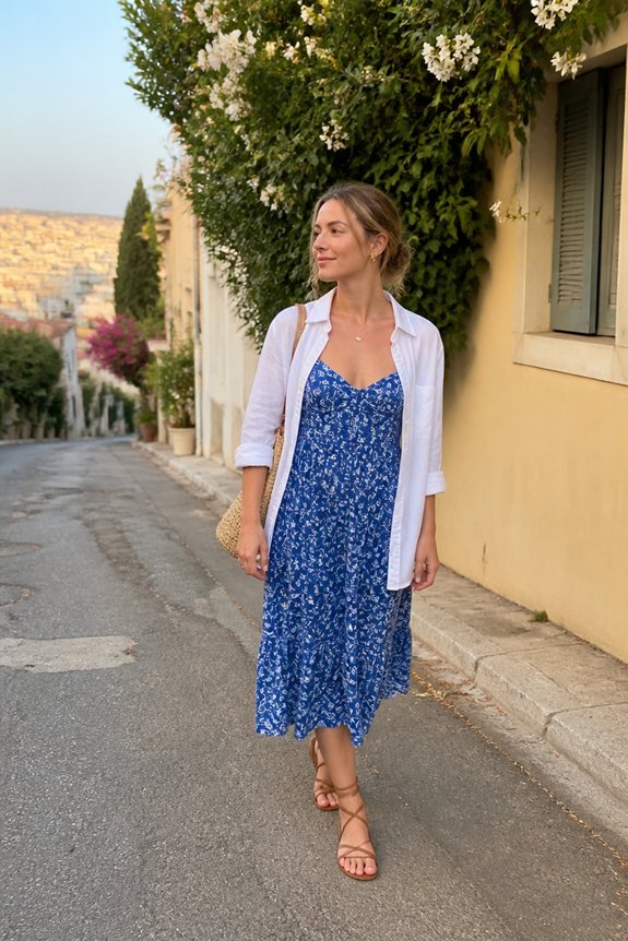 Woman in a blue floral dress with white cardigan and sandals, strolling along a sunny European street with a straw bag.