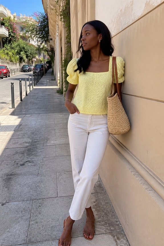 Stylish woman in a yellow puff-sleeve top and white jeans leans on a beige wall on a sunny city sidewalk with a straw tote.