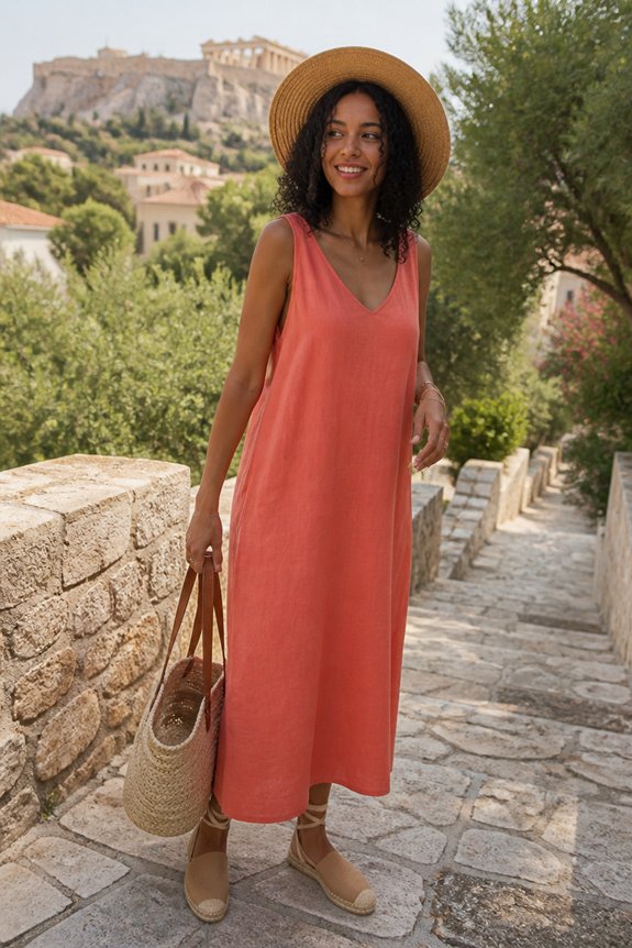 Woman in coral sleeveless maxi dress, straw hat, and woven tote on a stone path with ancient ruins in background.