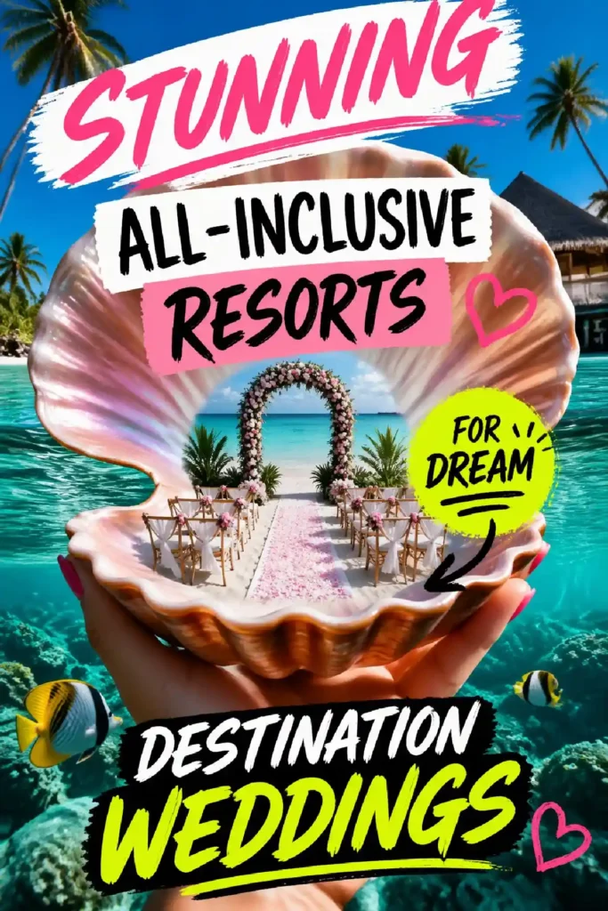 Stunning shell-shaped wedding venue amidst turquoise waters, ideal for dream destination weddings at all-inclusive resorts.