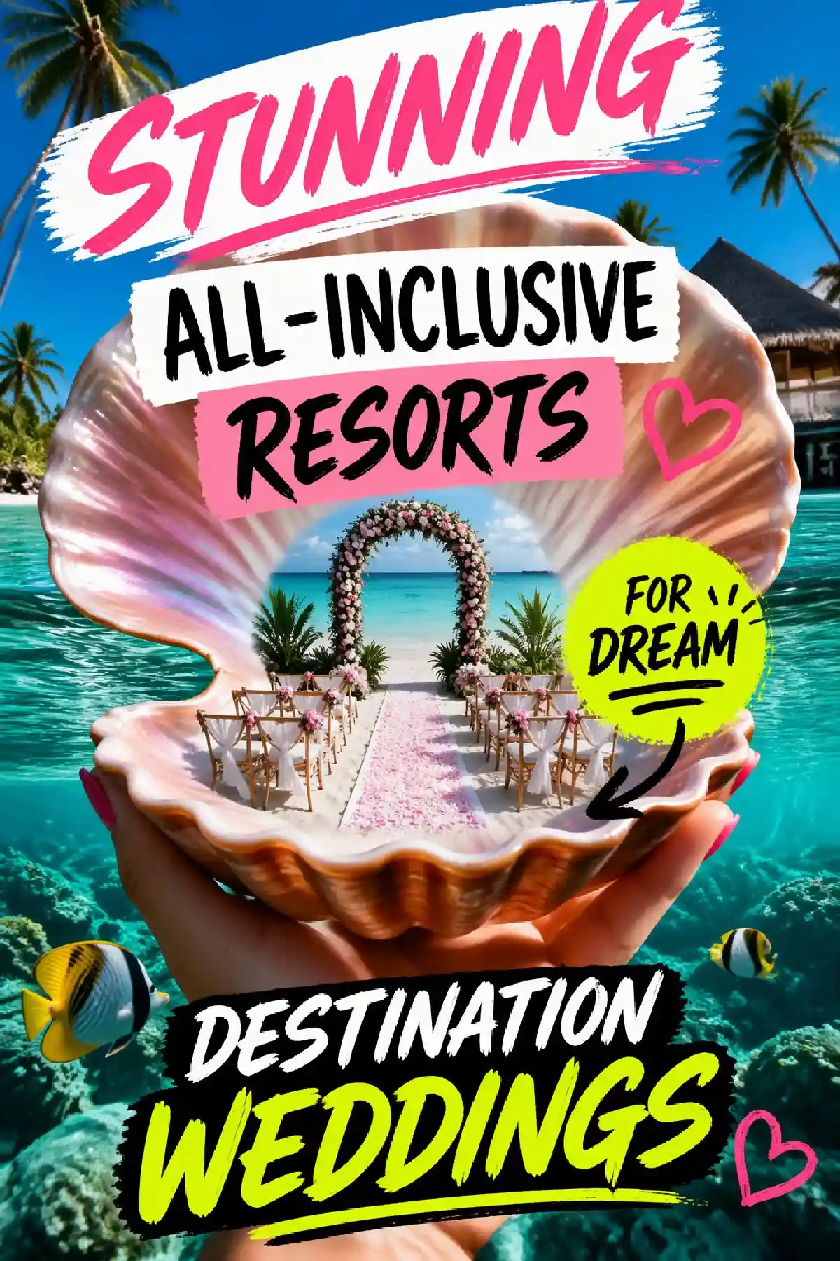 Stunning shell-shaped wedding venue amidst turquoise waters, ideal for dream destination weddings at all-inclusive resorts.