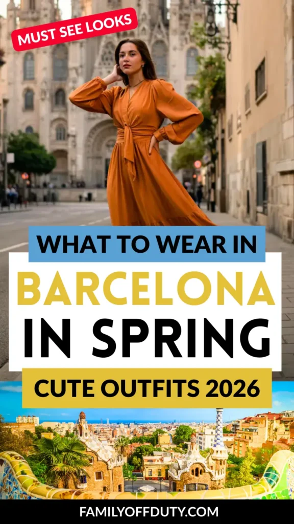 A woman in an orange dress poses in Barcelona, showcasing stylish spring outfits for 2026.