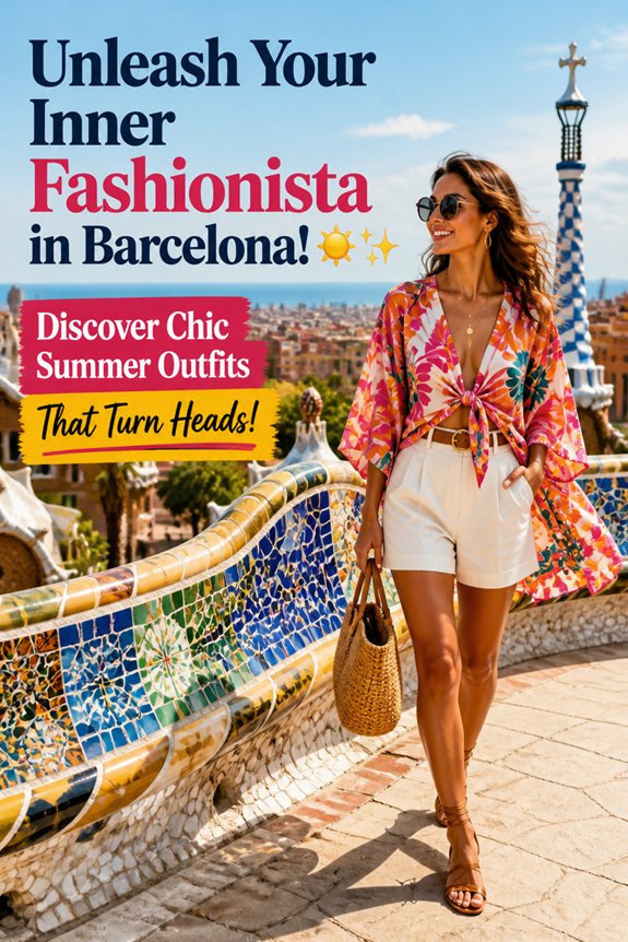 Stylish woman in Barcelona wearing a pink floral kimono over white shorts, sandals, carrying a straw bag beside mosaic railing.