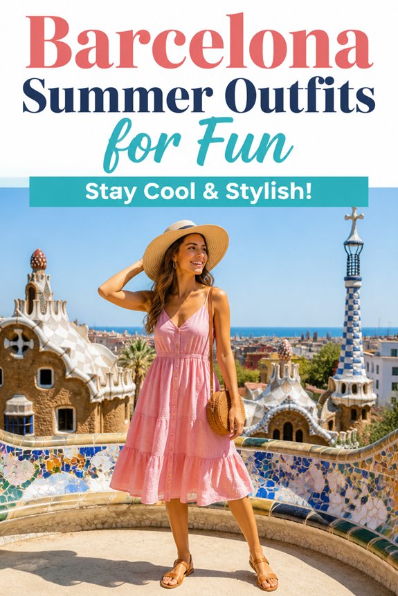 Woman in pink sundress and hat at Barcelona Park Güell mosaics, illustrating summer outfits for fun and staying stylish.