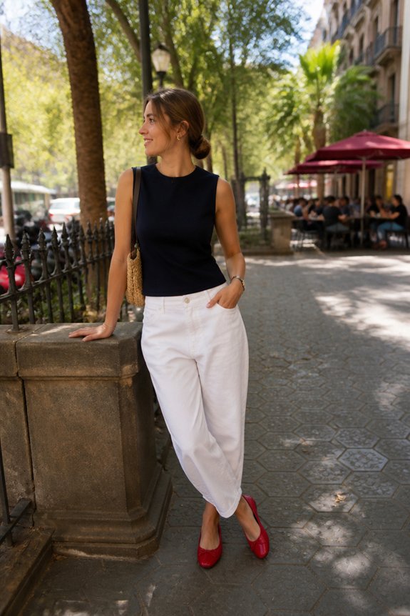 Stylish woman in a black sleeveless top, white pants, and red flats stands on a sunny city sidewalk near a cafe.