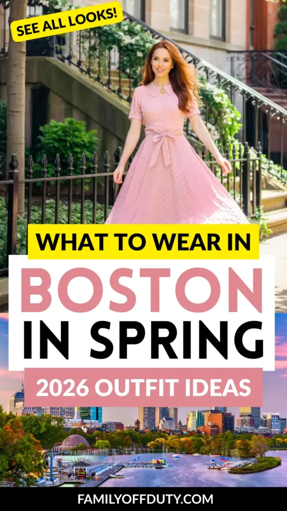 Model in a pink dress poses outdoors, showcasing spring outfit ideas for Boston 2026.