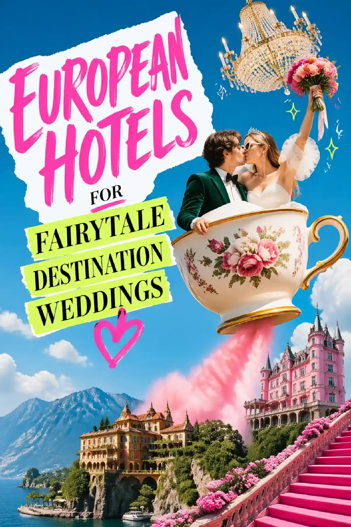 An enchanting image promoting European hotels for fairytale destination weddings, featuring a whimsical design and scenery.