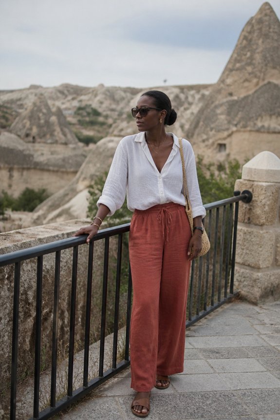 Stylish woman in white blouse and rust wide-leg pants posing on a terrace in Cappadocia's rocky landscape.