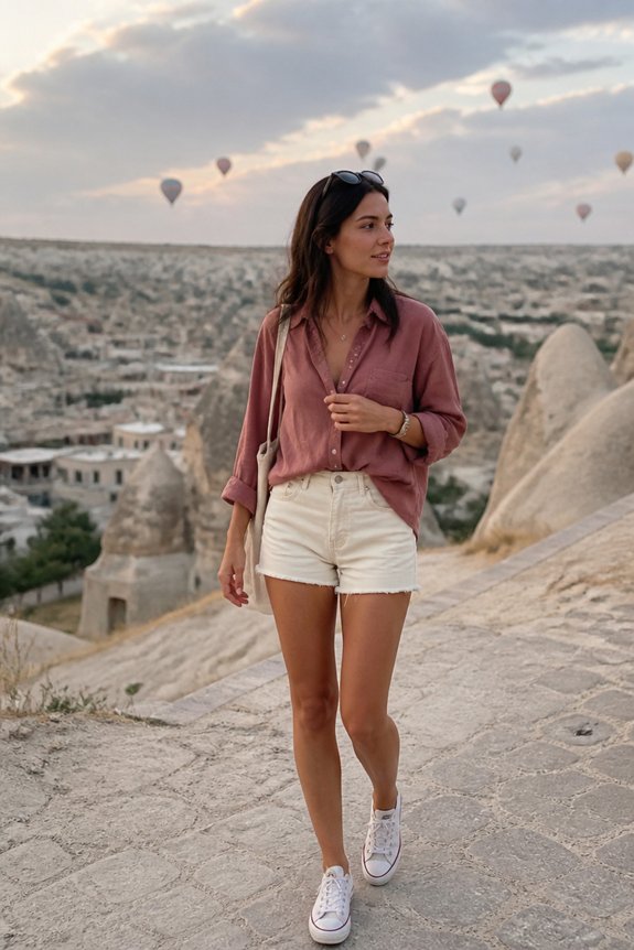 Woman in pink shirt and white shorts walking on rocky path in Cappadocia with rising hot air balloons.