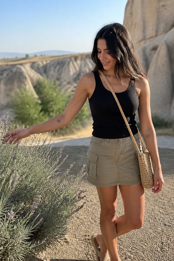 Woman in black tank top and beige mini skirt touches lavender shrubs in a desert landscape, carrying a woven crossbody bag.