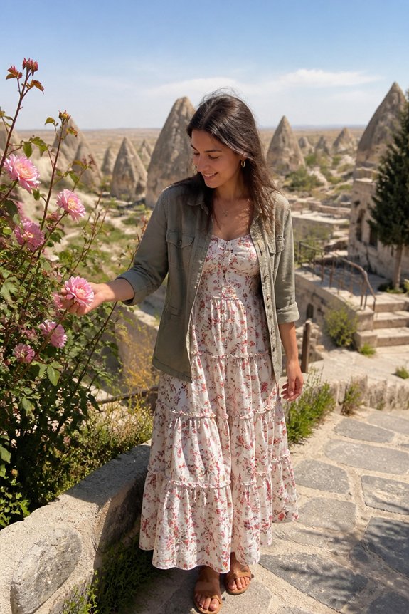 Woman in a floral maxi dress and green jacket beside pink roses, Cappadocia fairy chimneys in the background.