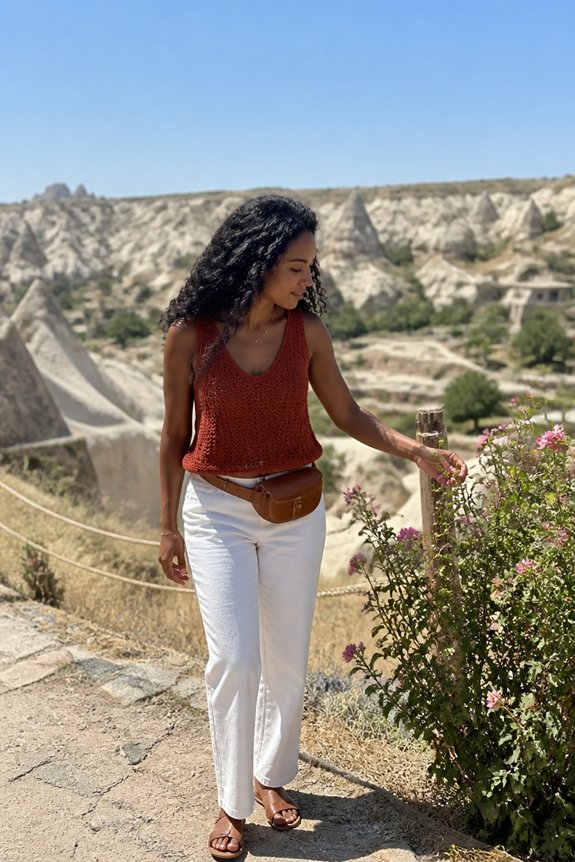 Woman in burnt orange top and white pants with a brown belt bag admires a flowering bush in a rocky canyon under blue sky.